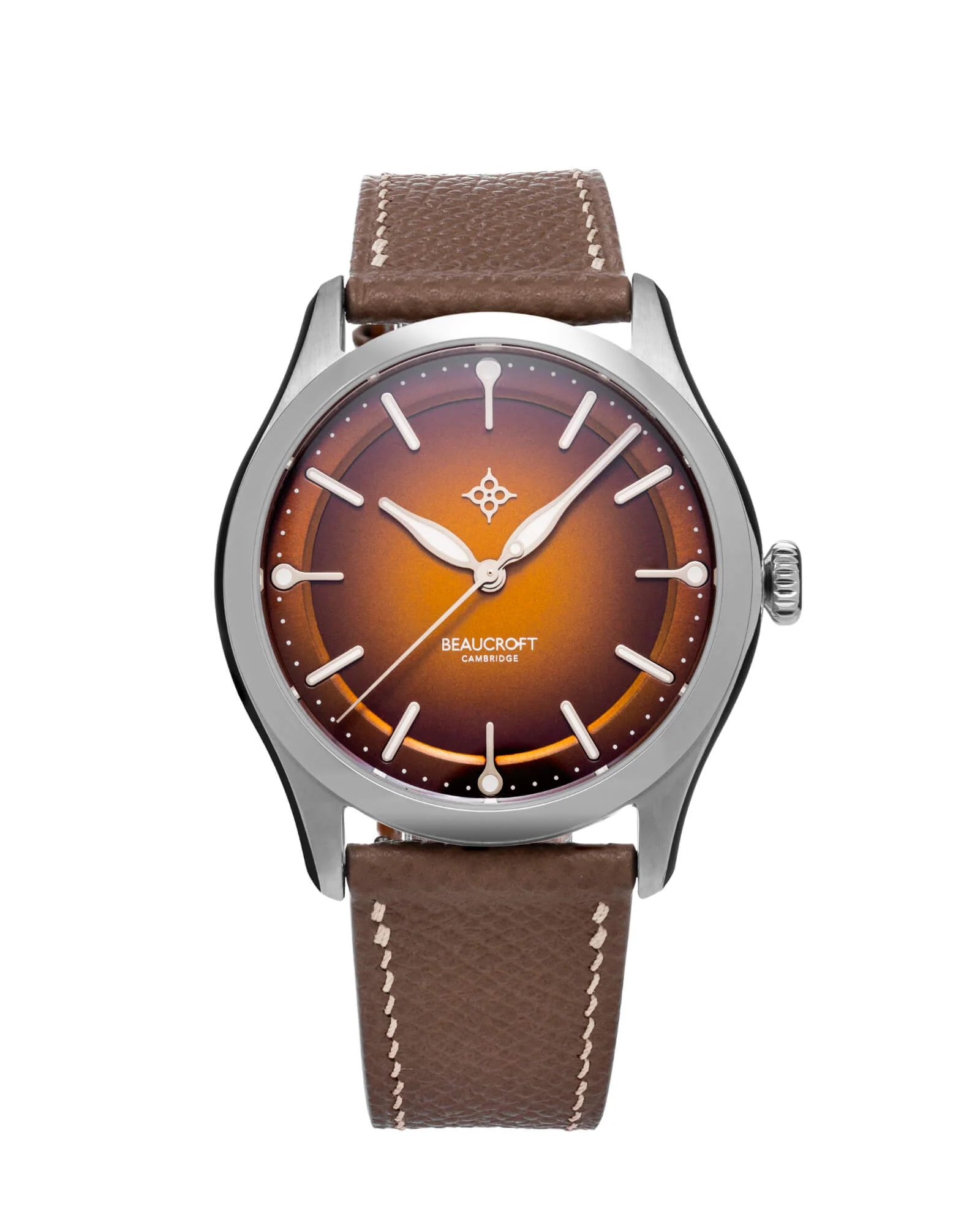 Beaucroft The Arc with a burnt-orange fumé dial on a taupe strap