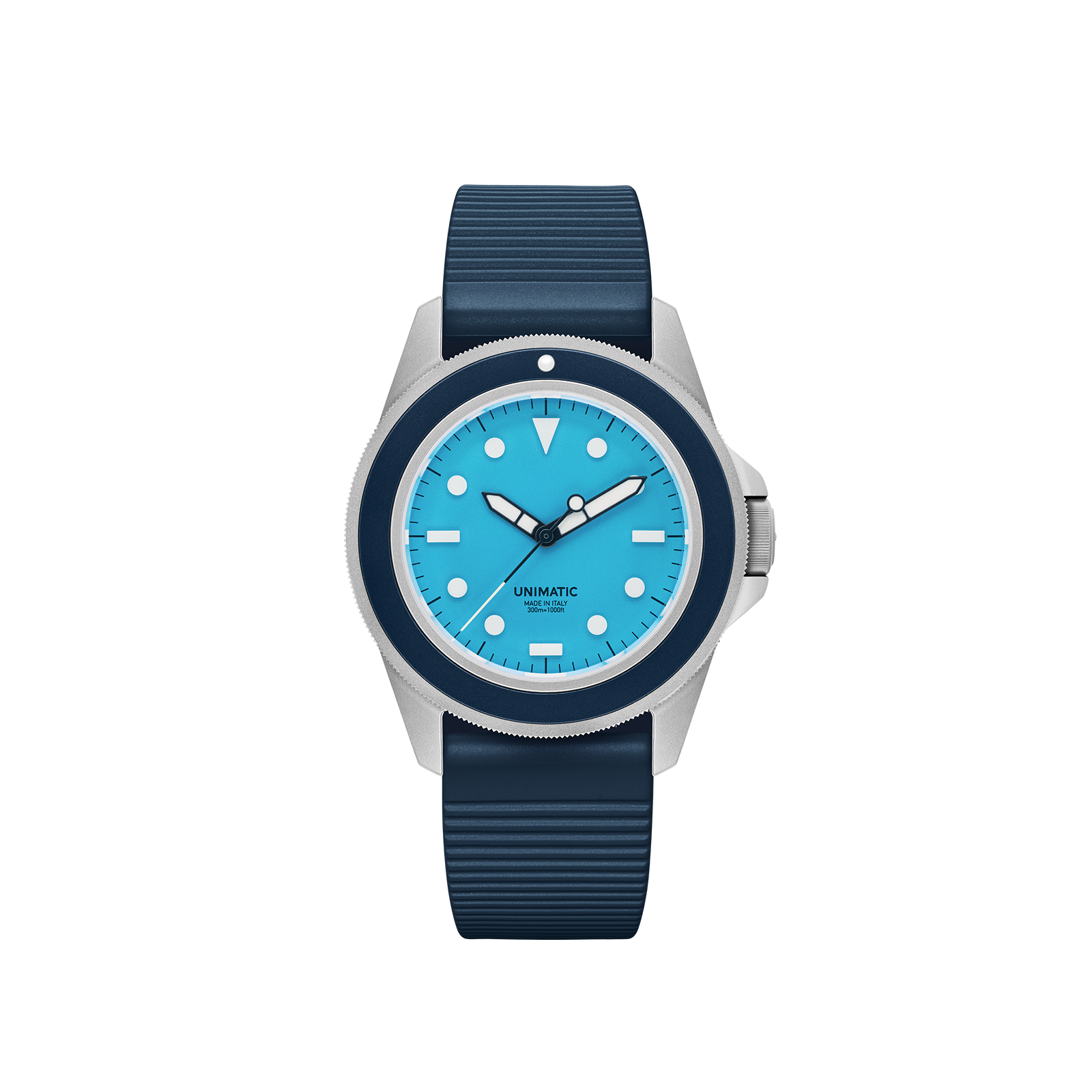 UNIMATIC Modello Uno UT1-IPN with a crystal-blue dial and deep-blue strap