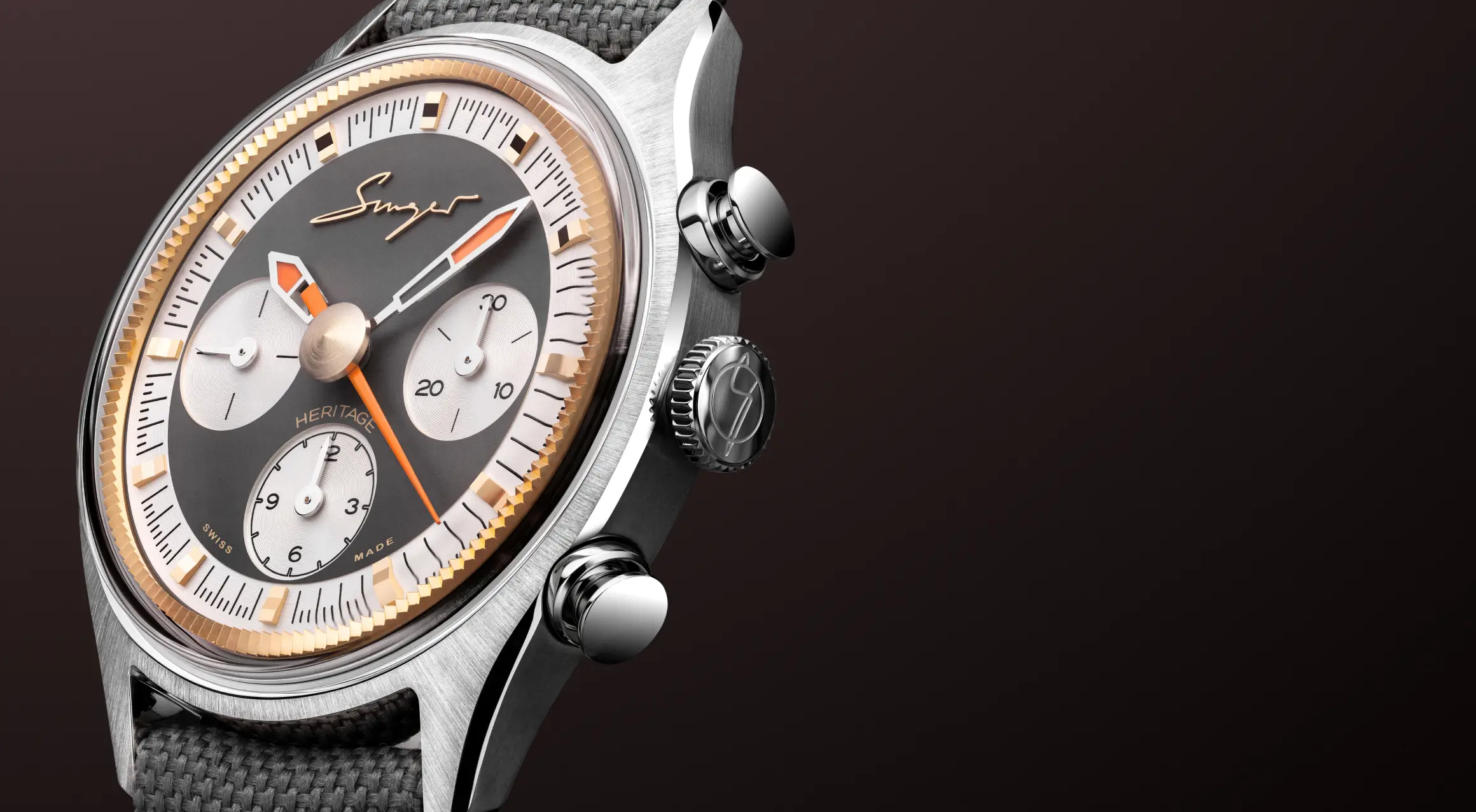 Singer Heritage V72 Stone-Gray chronograph shown against a neutral background