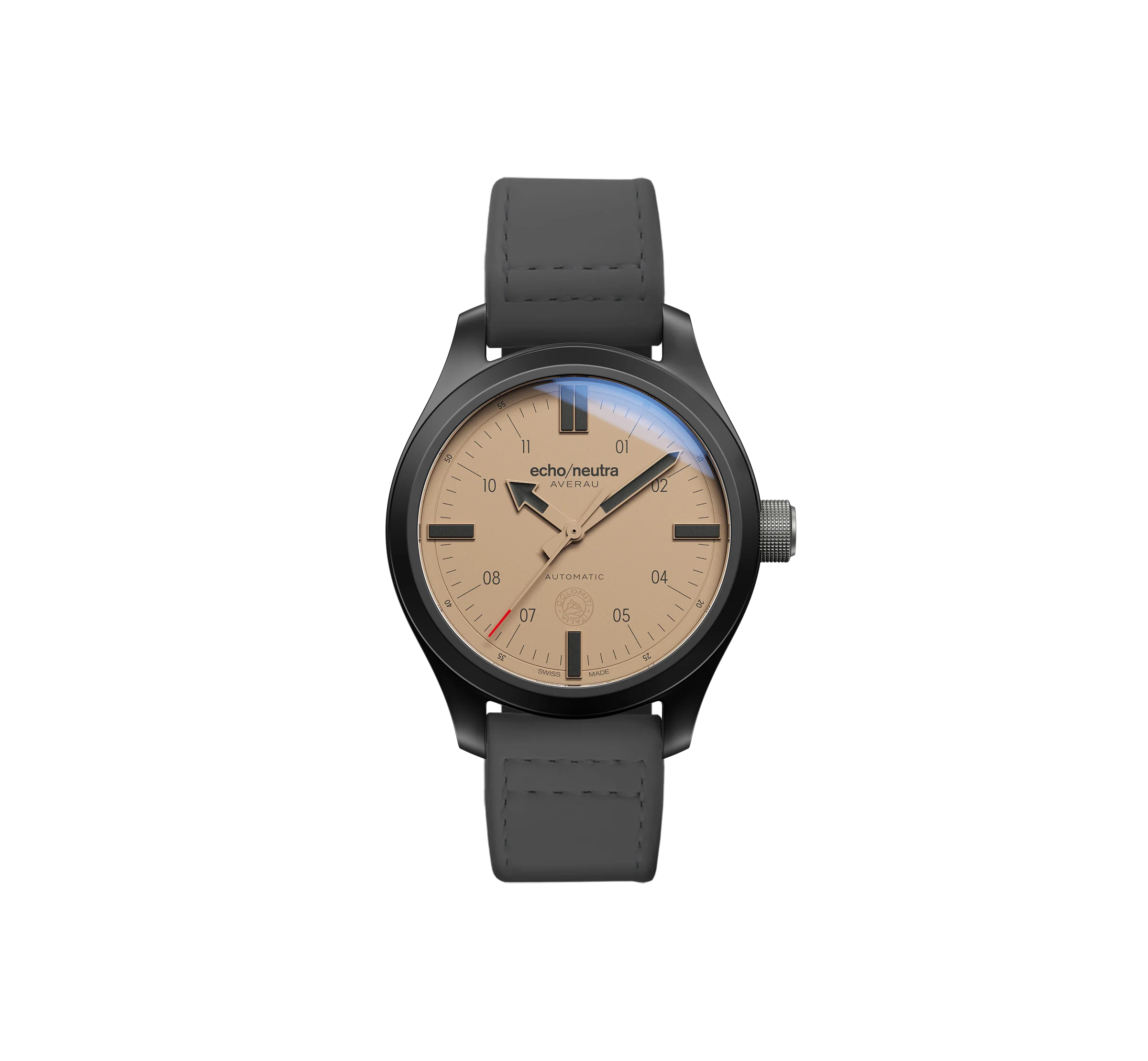 echo/neutra Averau 42 Ceramic Sand three-hand watch with a black ceramic case and sand-coloured dial