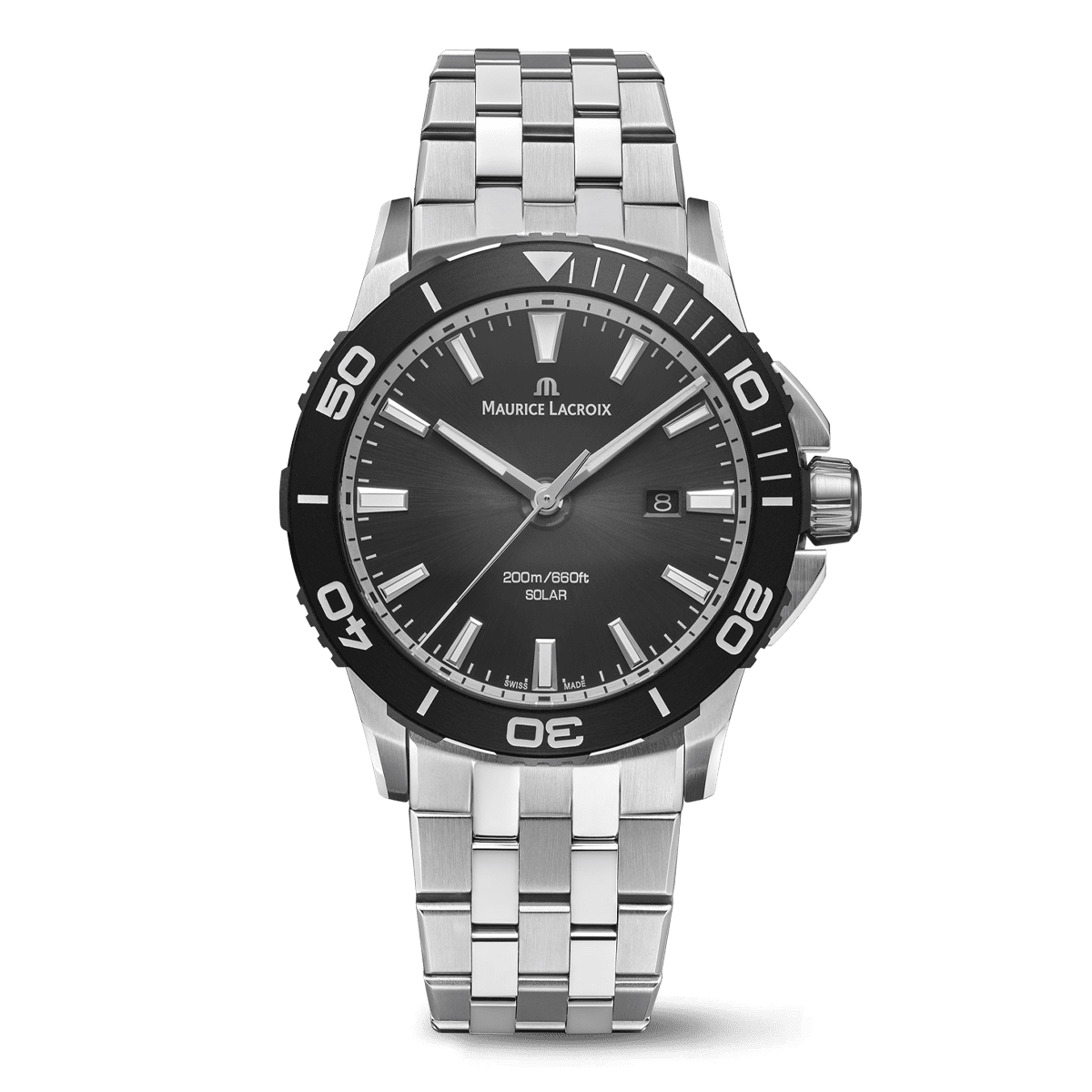 Maurice Lacroix Pontos S Solar with a black translucent dial and steel bracelet
