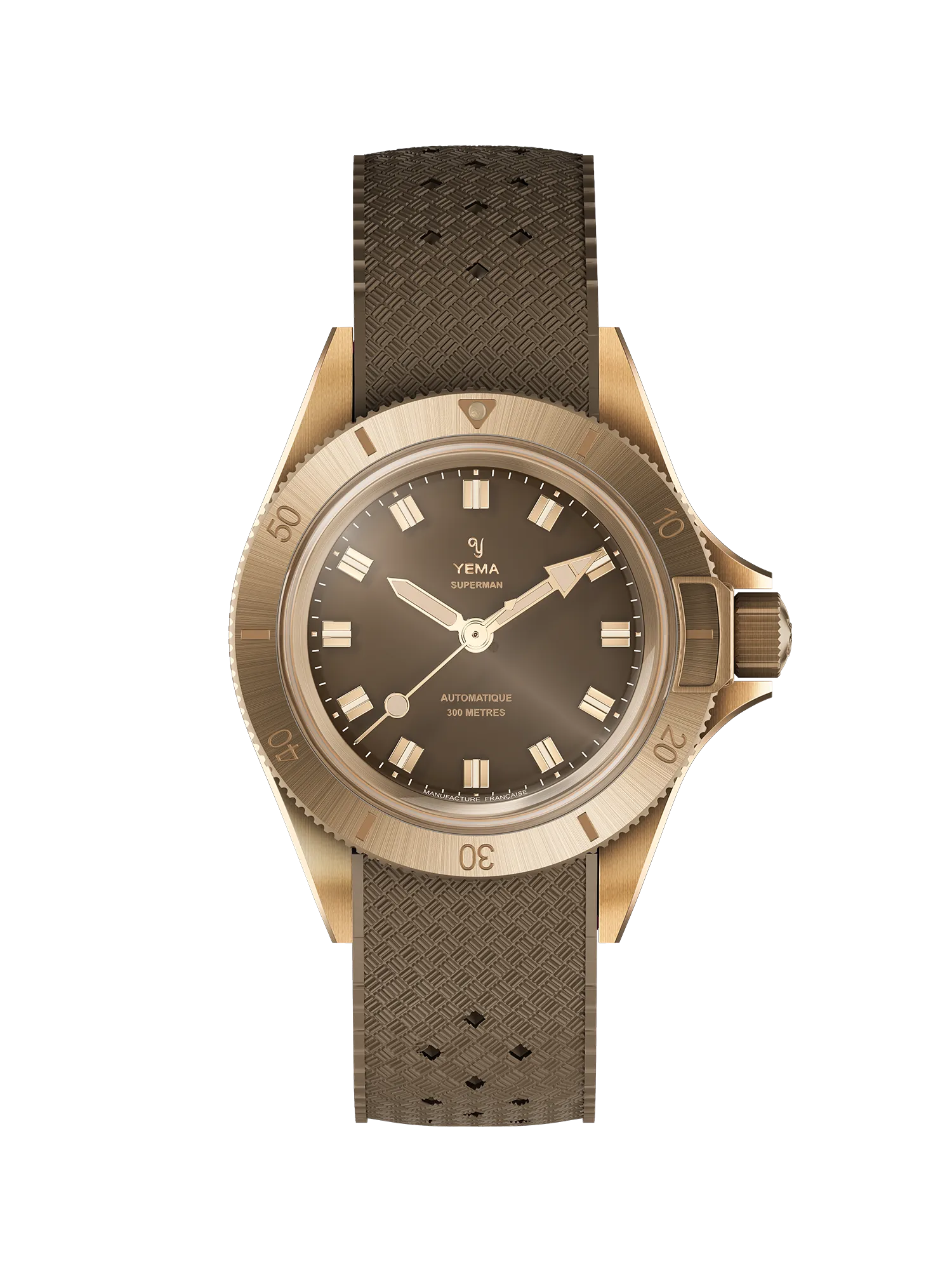 Brown-dial Yema Superman Bronze CMM.10 with a bronze case and matching rubber strap