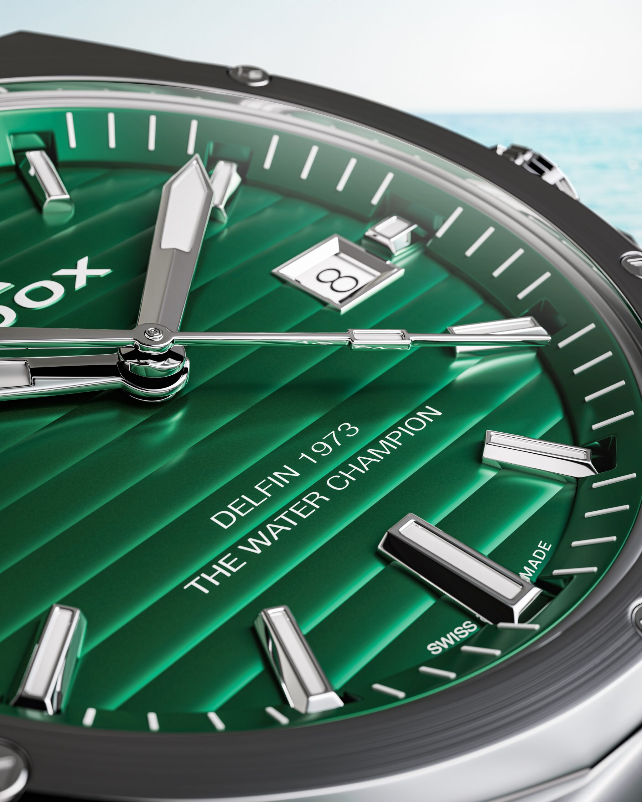 Edox Delfin 1973 watches showing the dodecagonal bezel and horizontally textured dials