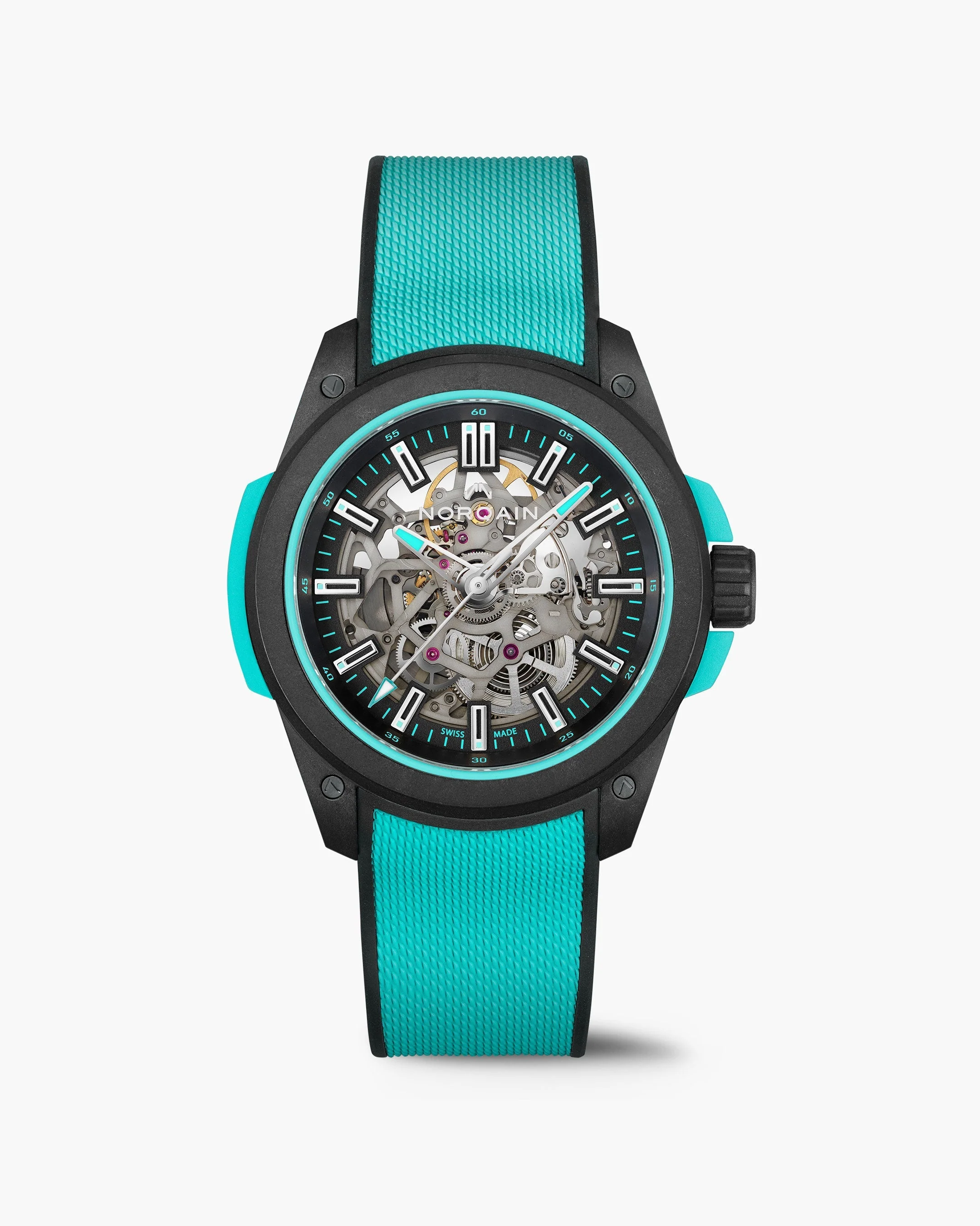 Norqain Wild ONE Skeleton 42mm Turquoise with a black NORTEQ cage and turquoise shock absorber