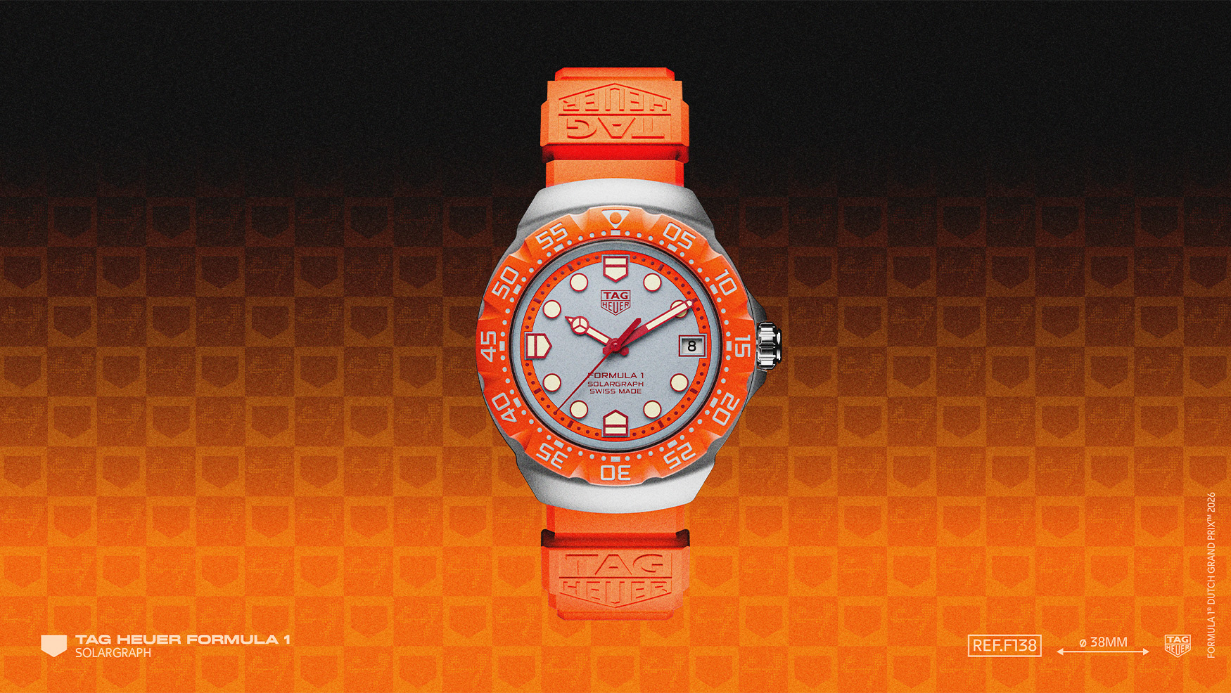 Two TAG Heuer Formula 1 Solargraph x Zandvoort F1 watches with orange bezels on rubber and steel