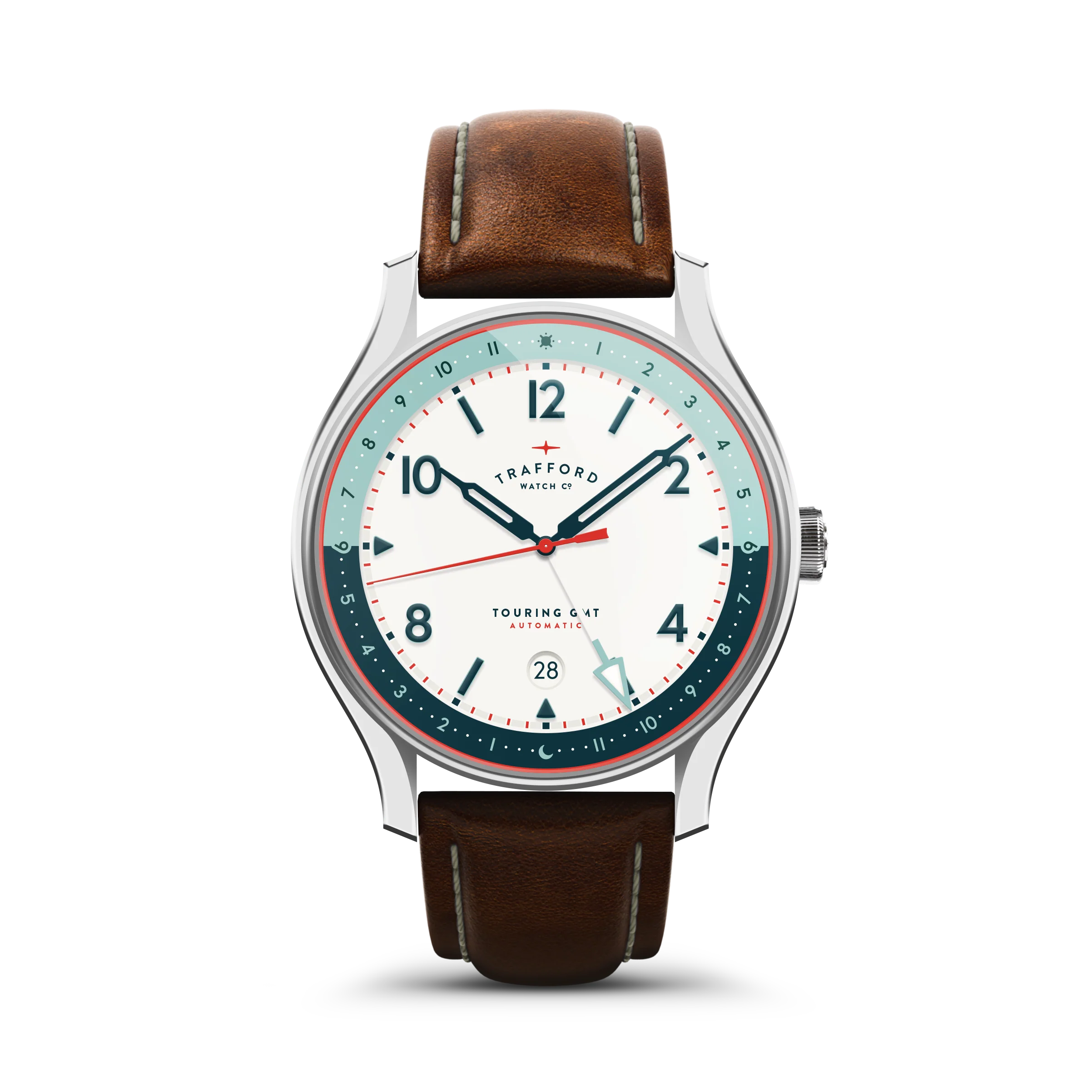 Trafford Touring GMT Core with a white dial, red accents and divided AM/PM home-time scale