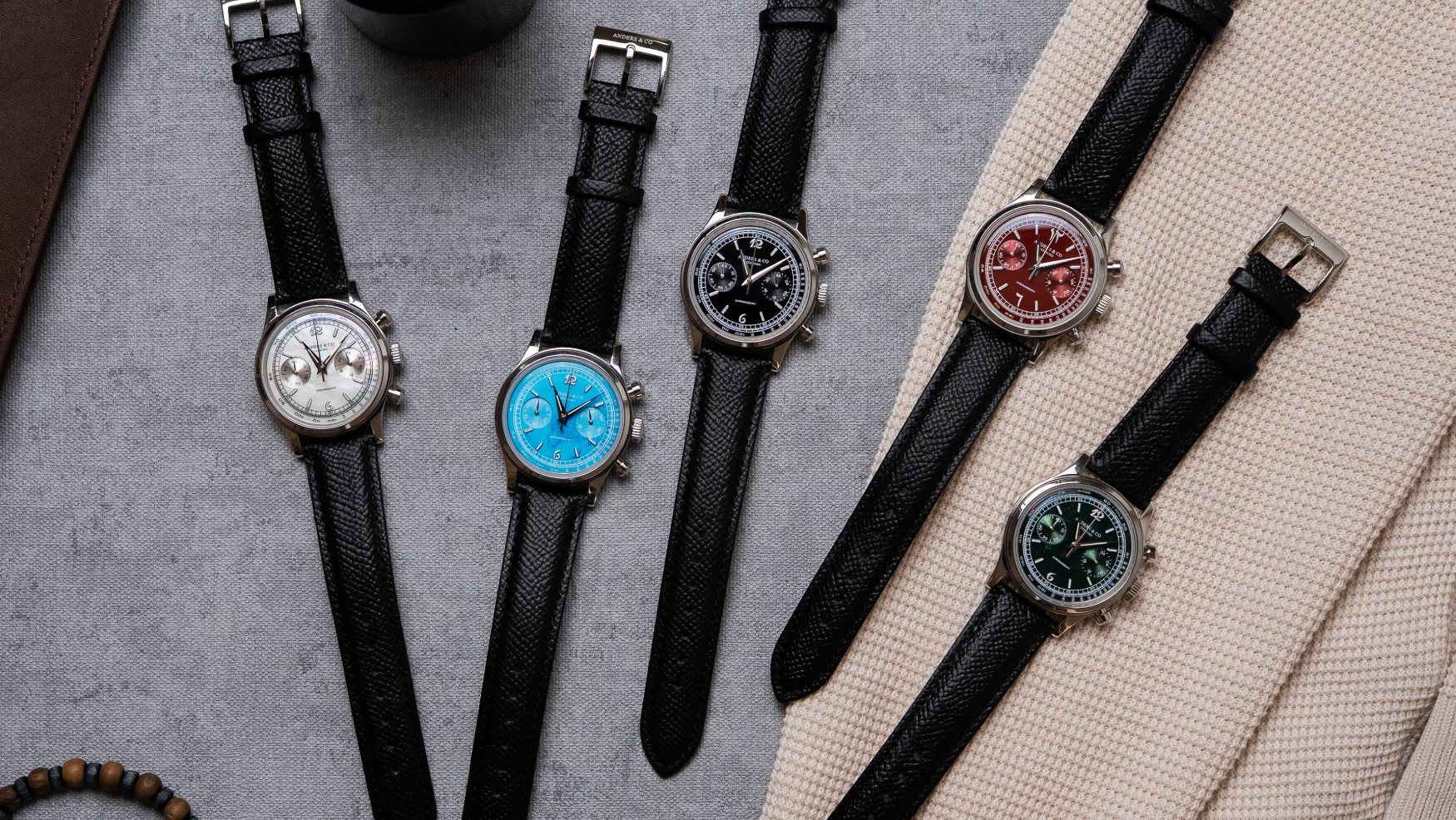 Five Anders & Co AC1 chronographs with mother-of-pearl, onyx, jasper, turquoise and bloodstone dials