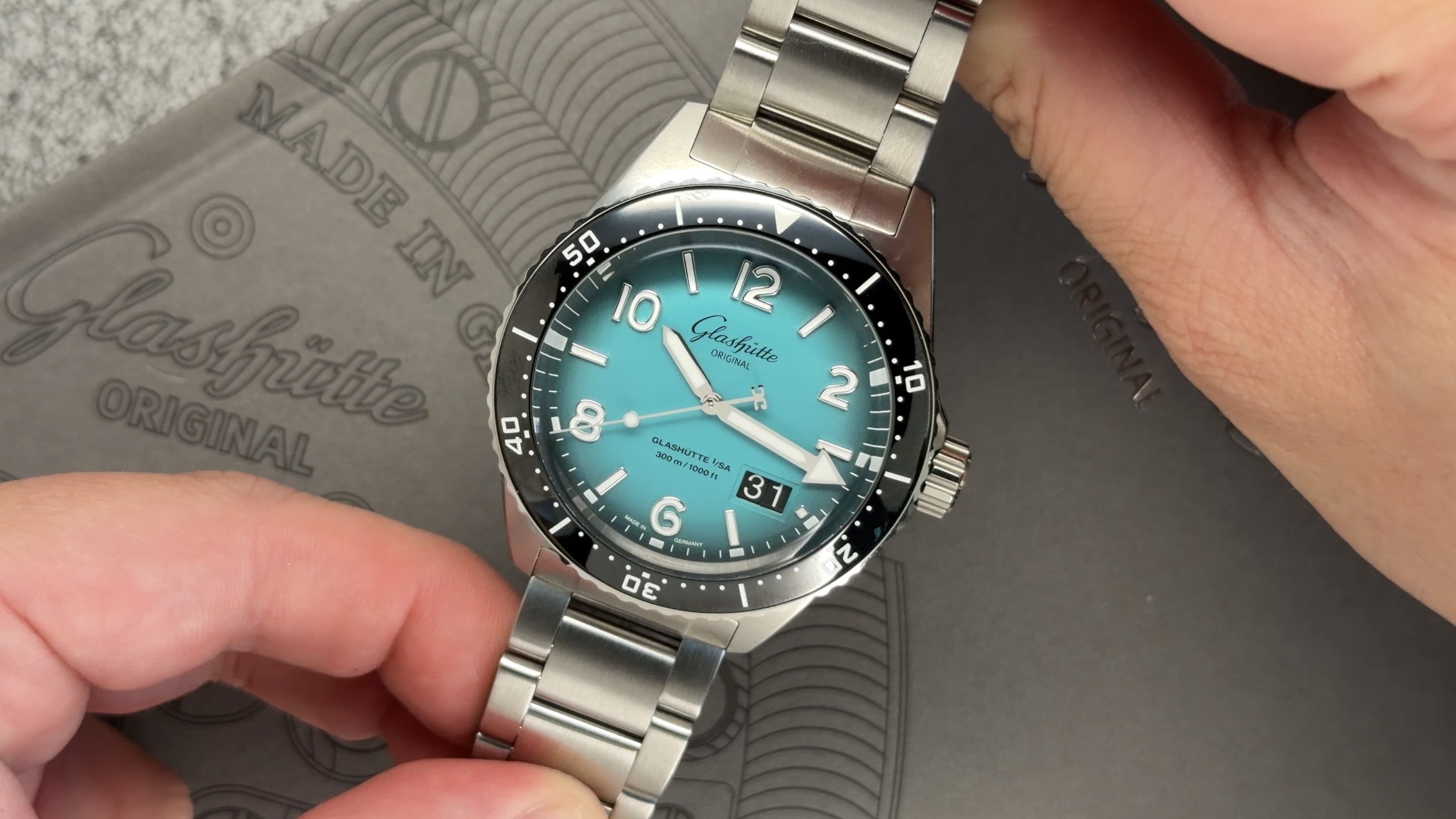Two Glashütte Original SeaQ Northern Tide dive watches with turquoise gradient dials