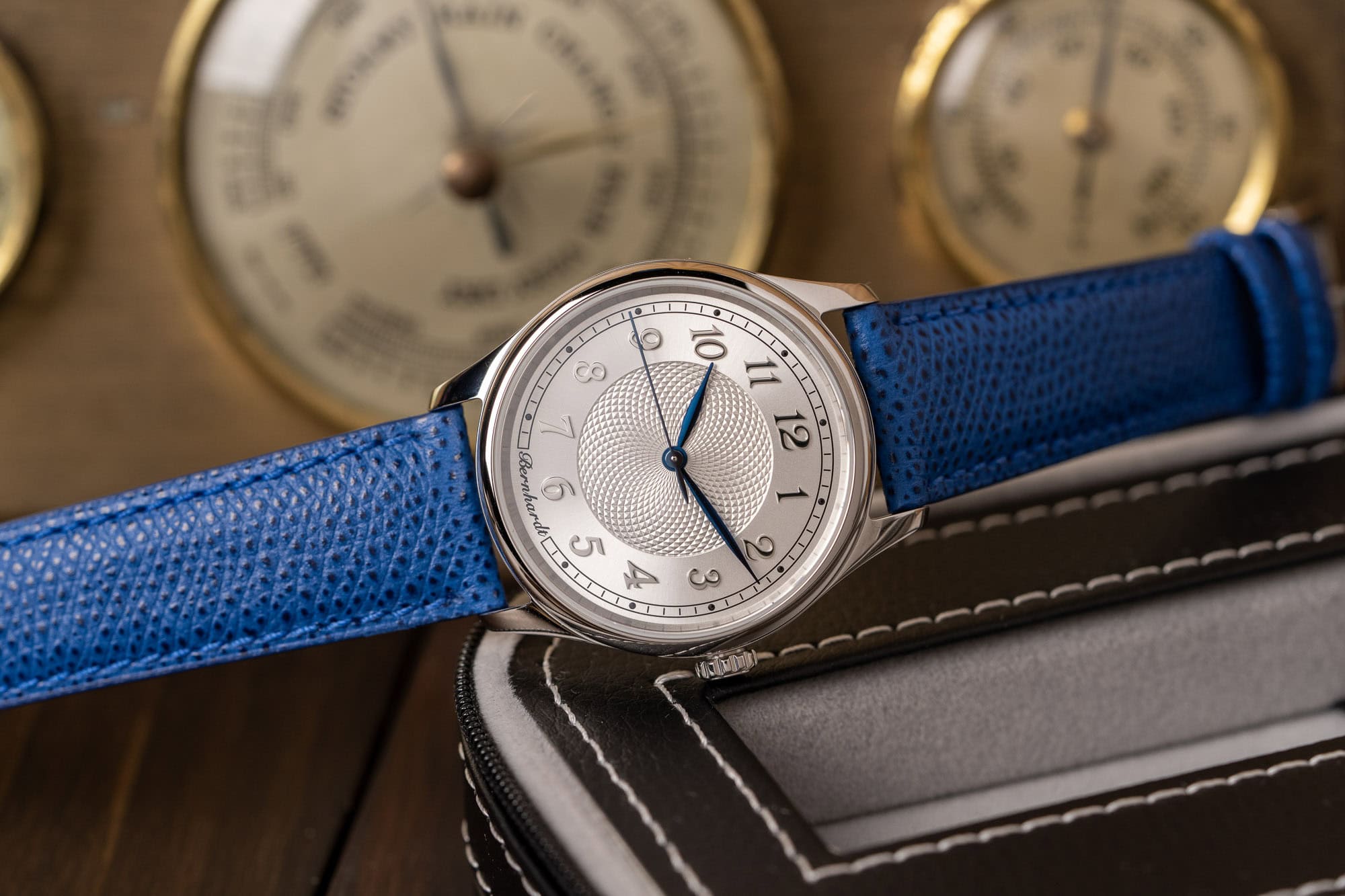 Bernhardt Captain Fog dress watch with a silver guilloche dial and blue hands