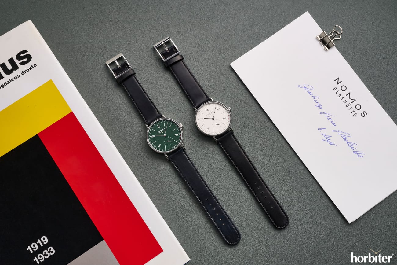 NOMOS Tangente neomatik 38 Update watches with silver and forest-green date-ring dials