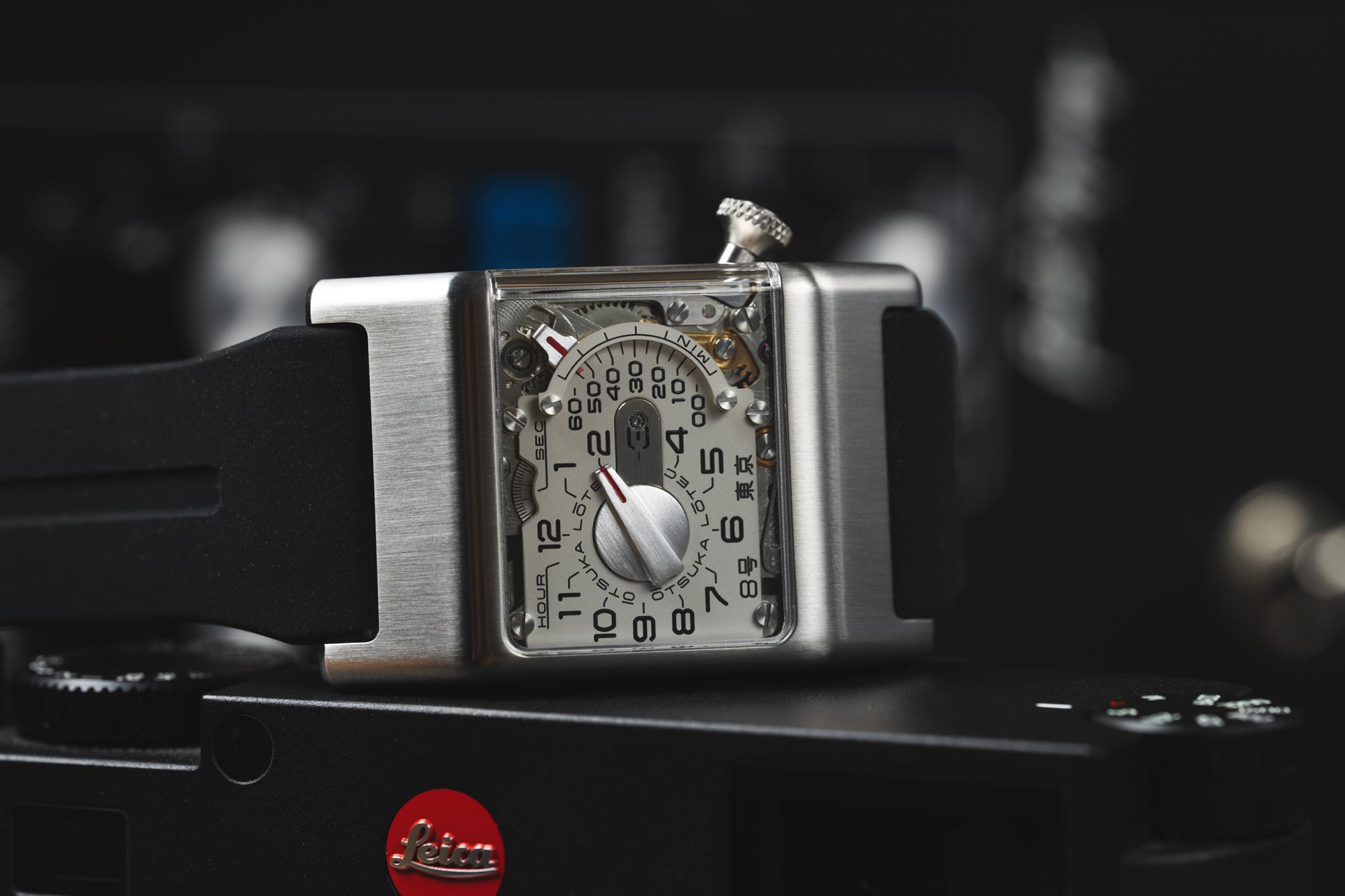 Otsuka Lotec No. 8 rectangular watch with jump-hour hand and retrograde minute slider