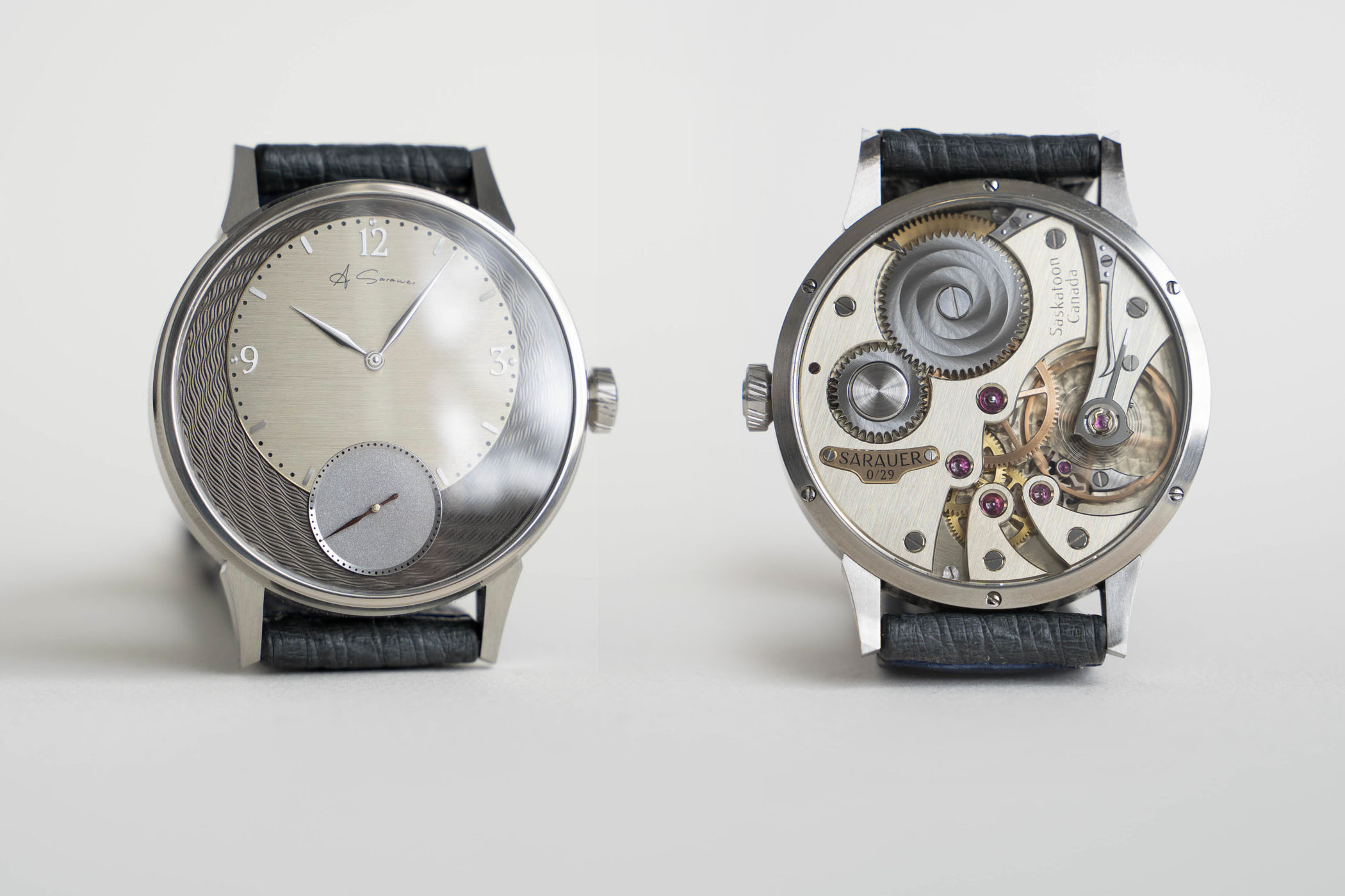 Sarauer Ref. 119C with an offset dial, hand-turned guilloche and exposed SH1 movement
