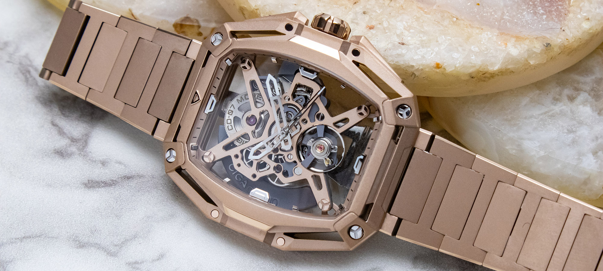 CIGA Design Hunter Vintage skeleton watch in a rose-gold-tone tonneau case
