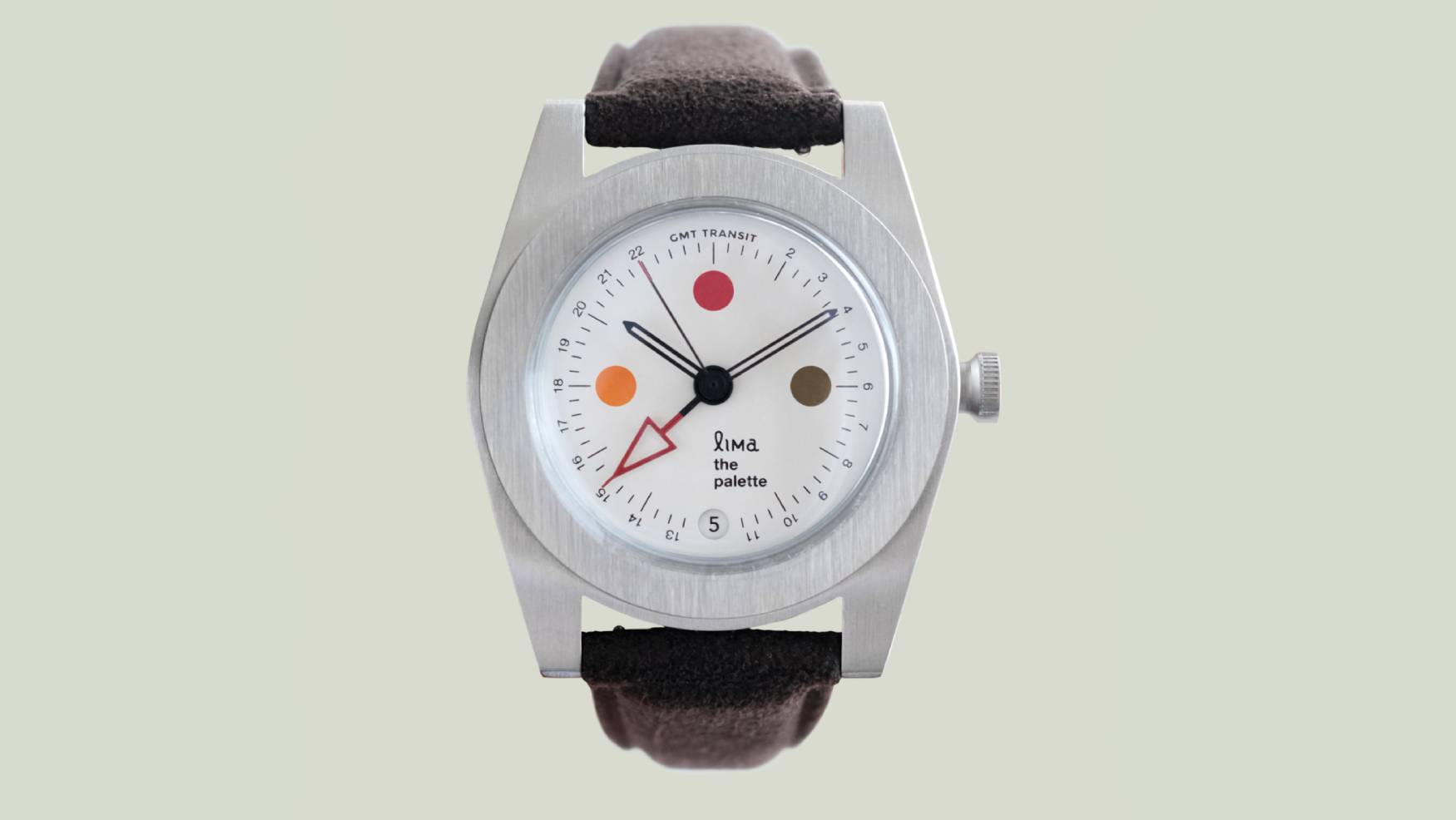 Lima GMT Transit The Palette with a white dial, coloured markers and red GMT hand