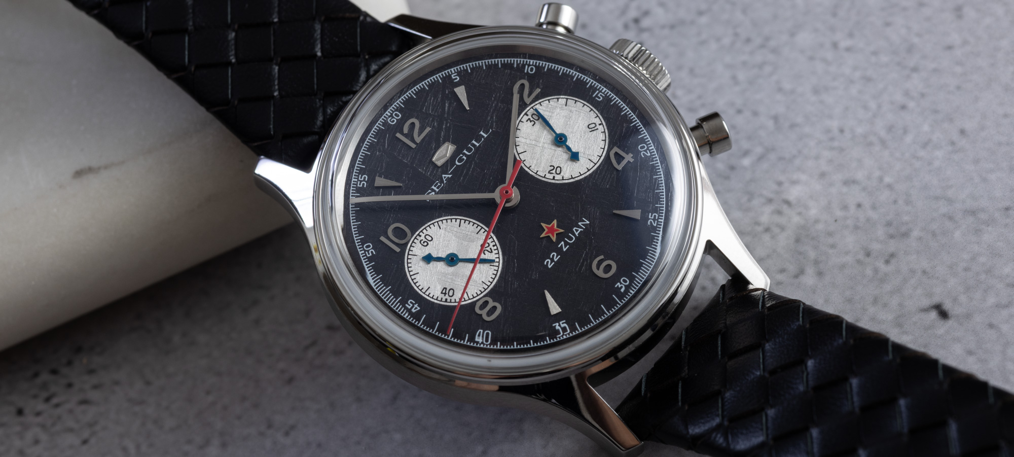 Sea-Gull Top Grade 1963B Chronograph with a black meteorite dial and silver subdials