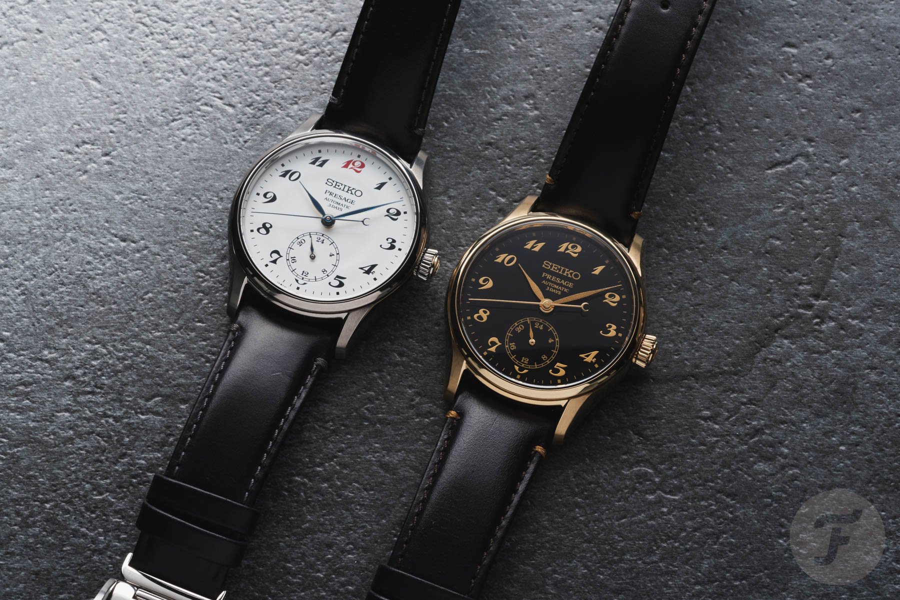 Seiko Presage HCC005 white enamel watch beside the black urushi HCC006