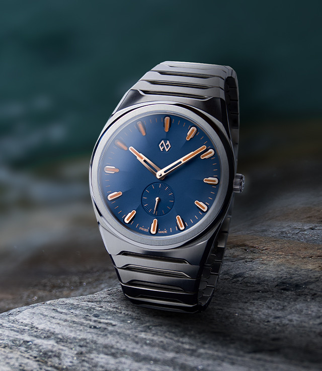 Formex Aria Manufacture Chronometer Denso Blue in a three-quarter styled view