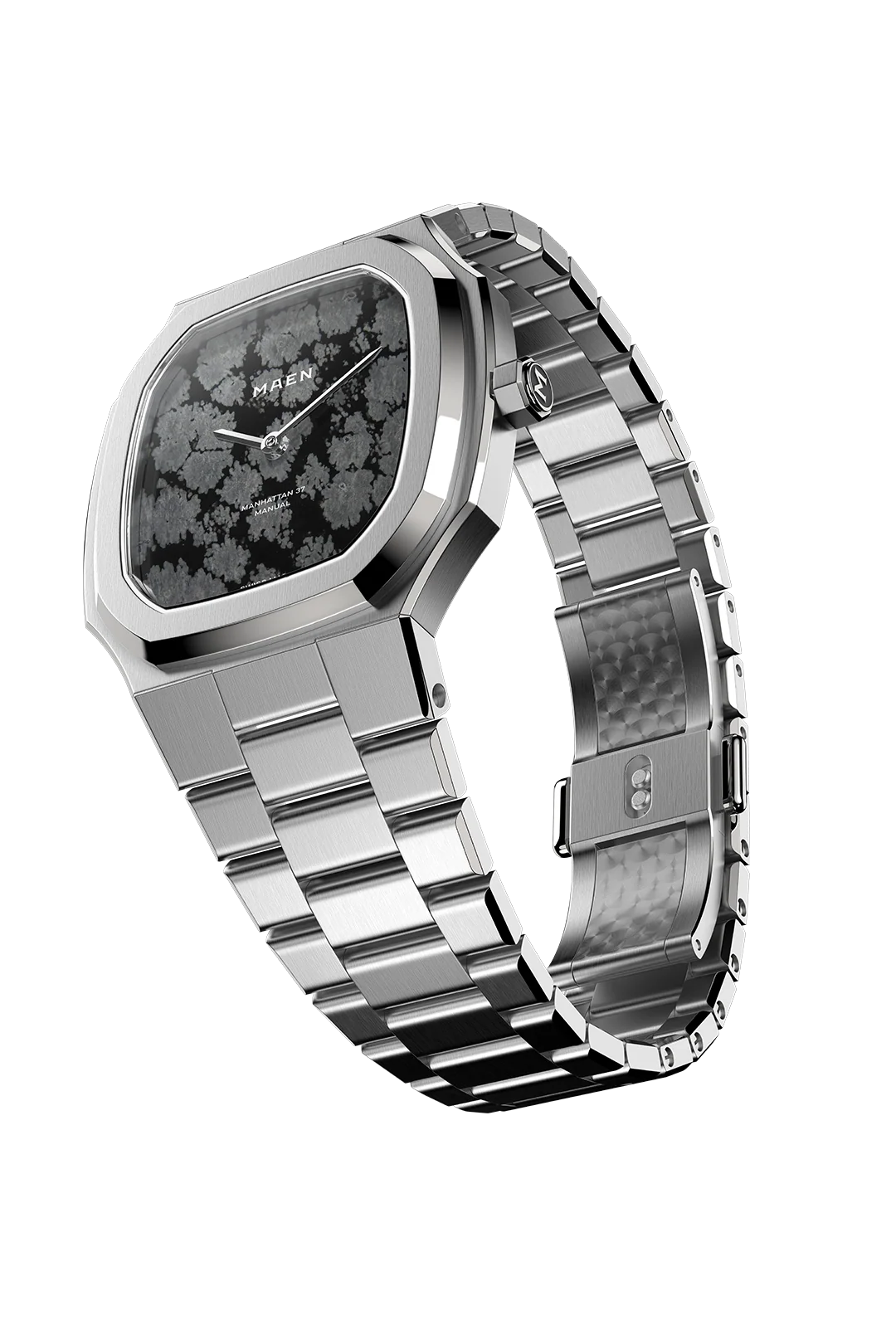 Maen Manhattan 37 Ultra-Thin with Snowflake Obsidian stone dial and integrated steel bracelet
