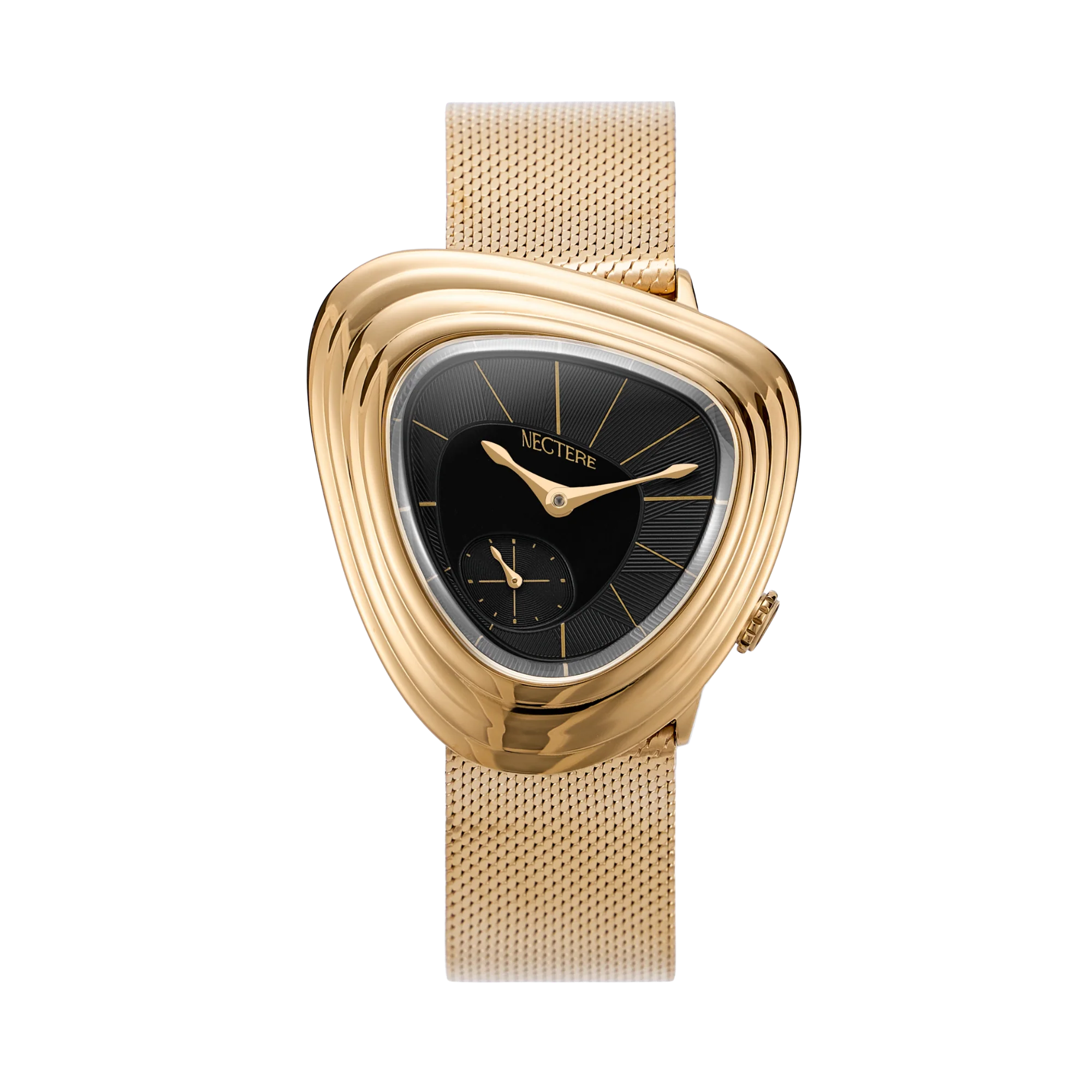 Nectere Eclipse front view on its gold-tone mesh bracelet