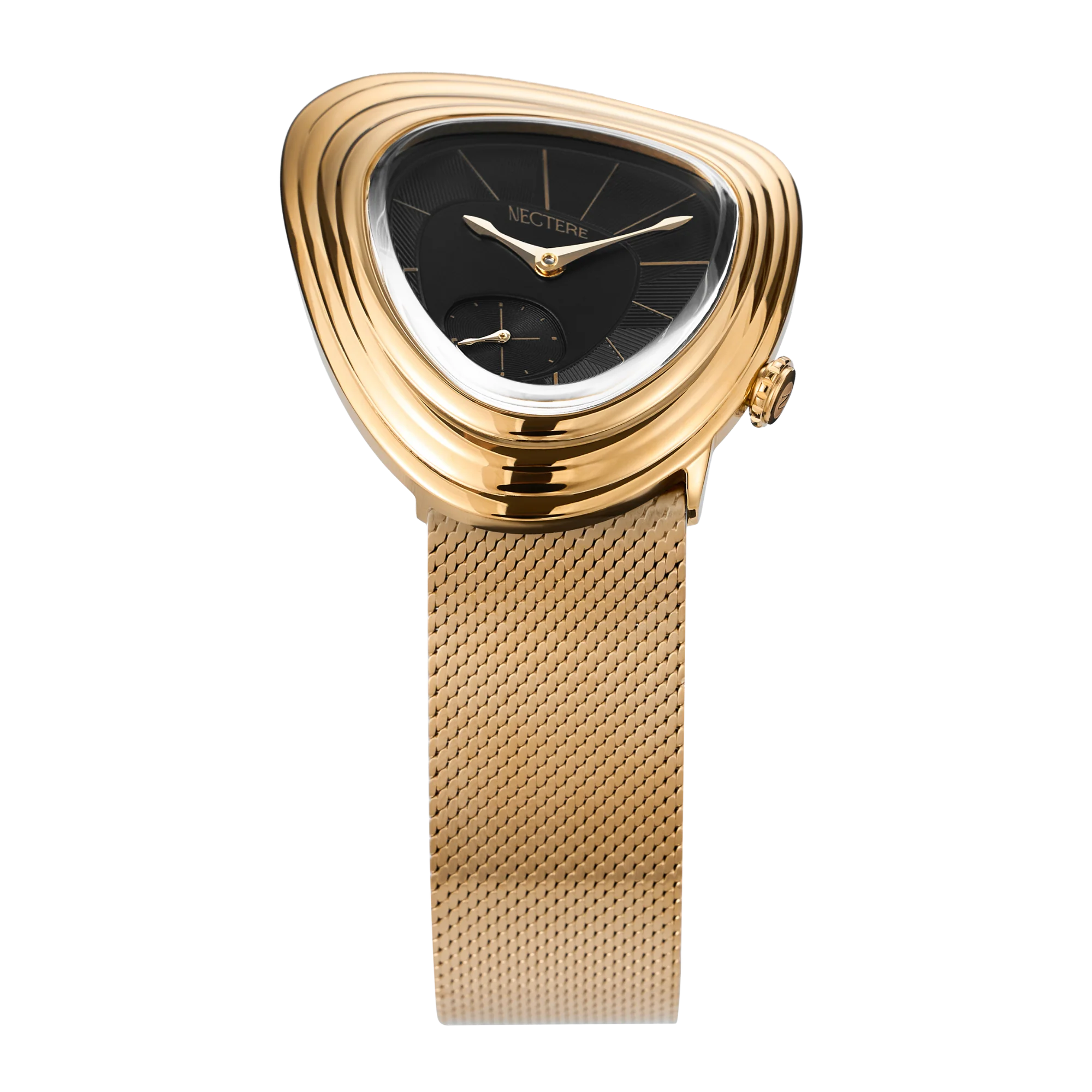 Three-quarter view of the Nectere Eclipse black dial and gold-PVD case