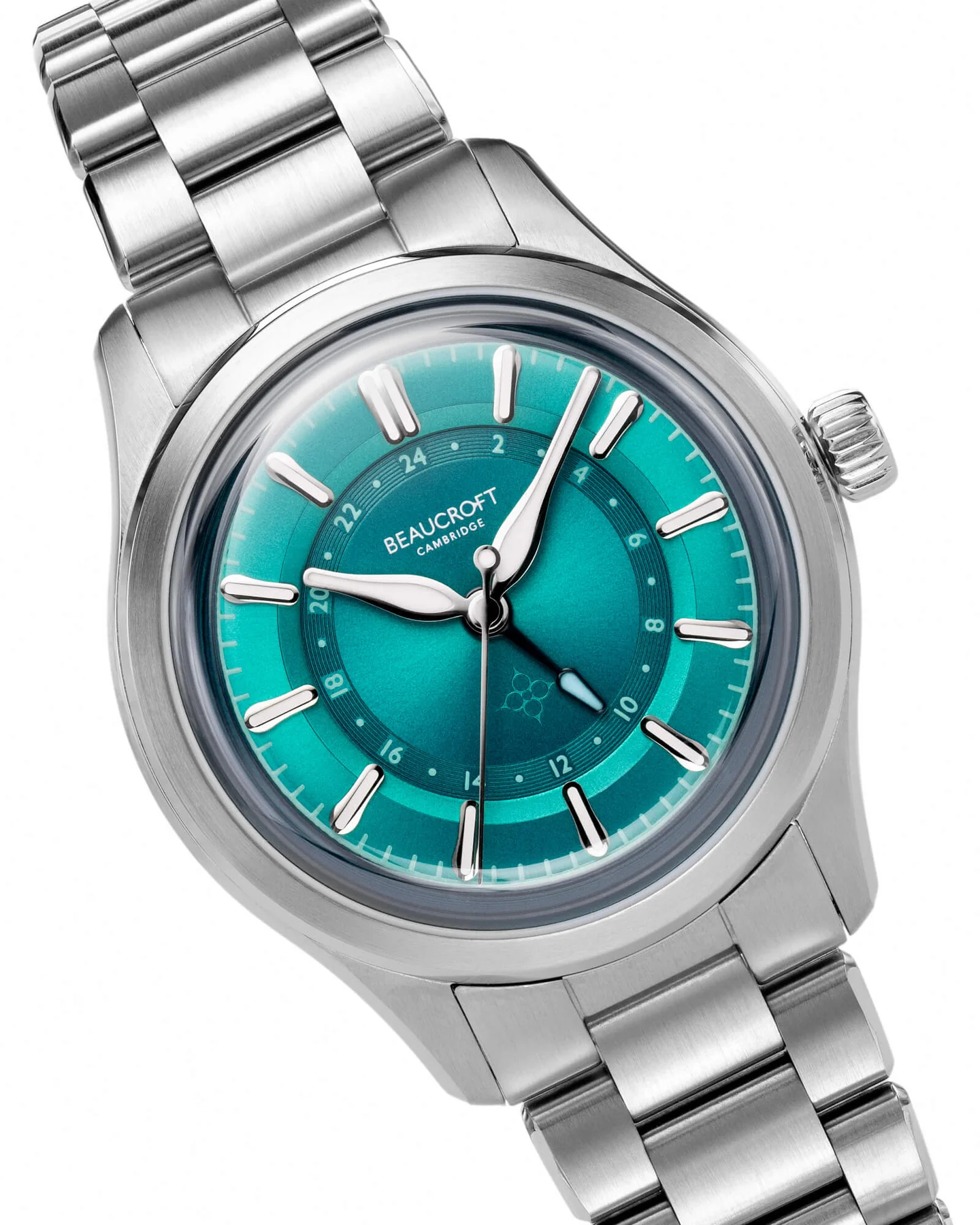 Angled official view of the Beaucroft Contour GMT Tropical Teal dial and case