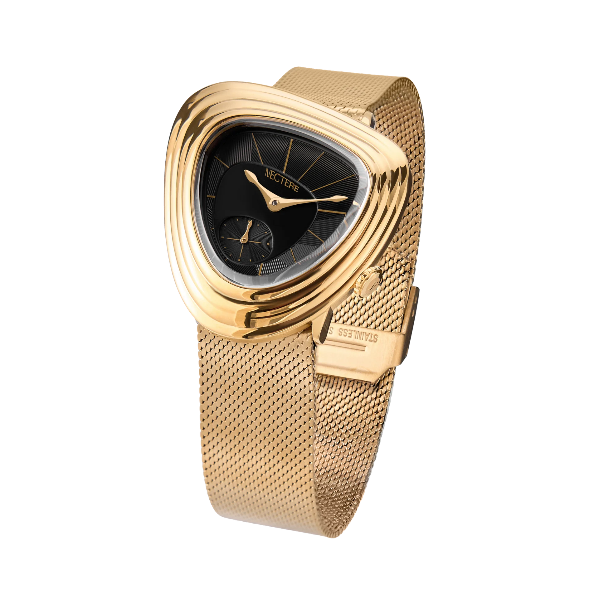 Three-quarter official view of the Nectere Eclipse case and mesh clasp